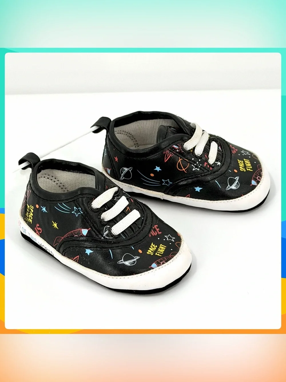 New RISING STAR Boys Girls Black Astronaut Space Theme Baby Shoes Size 6-9 Mos